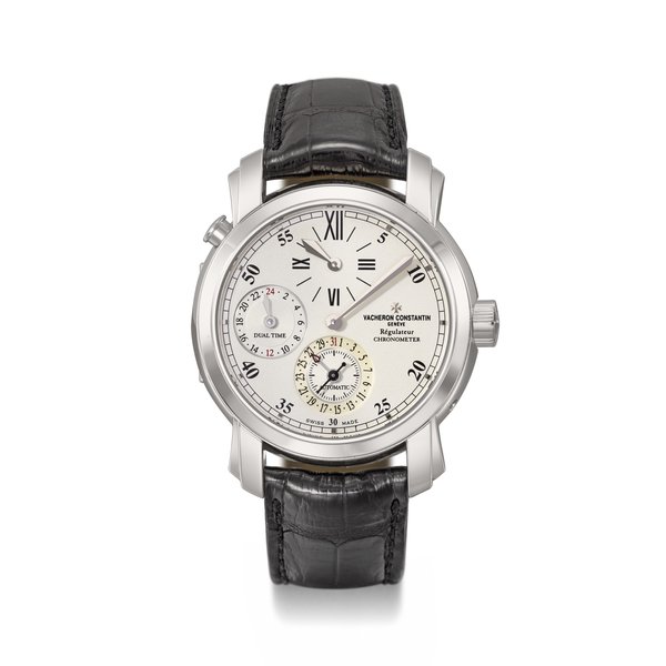 VACHERON CONSTANTIN. AN 18K WHITE GOLD AUTOMATIC DUAL TIME WRISTWATCH WITH DATE, REGULATOR-STYLE DIAL, GUARANTEE AND BOX SIGNED VACHERON CONSTANTIN, REGULATEUR CHRONOMETER, MALTE MODEL, REF. 42005, CIRCA 2000