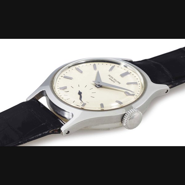 PATEK PHILIPPE. A FINE AND RARE STAINLESS STEEL WRISTWATCH SIGNED PATEK PHILIPPE, GENEVA, MOVEMENT NO. 961686, CASE NO. 635287, REF. 565, MANUFACTURED IN 1948