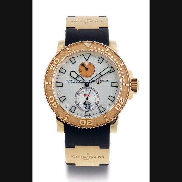 ULYSSE NARDIN. A LIMITED EDITION 18K PINK GOLD AUTOMATIC WRISTWATCH WITH POWER RESERVE AND DATE SIGNED ULYSSE NARDIN, MARINE CHRONOMETER, 1846, MAXI MARINE DIVER MODEL, NO. 215/1846, REF. 266-33, CIRCA 2007