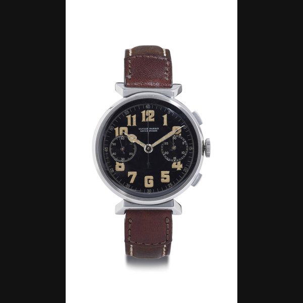ULYSSE NARDIN. A RARE AND UNUSUAL STAINLESS STEEL MILITARY CHRONOGRAPH WRISTWATCH WITH BLACK DIAL SIGNED ULYSSE NARDIN, LOCLE, MOVMENT NO. 122234, CASE NO. 608765, MANUFACTURED IN 1942