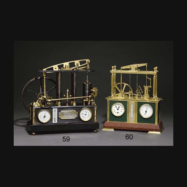 Four Column Beam Engine A rare French small brass, green painted brass and red marble eight day timepiece with barometer, thermometer and automaton wheel and beam CIRCA 1890