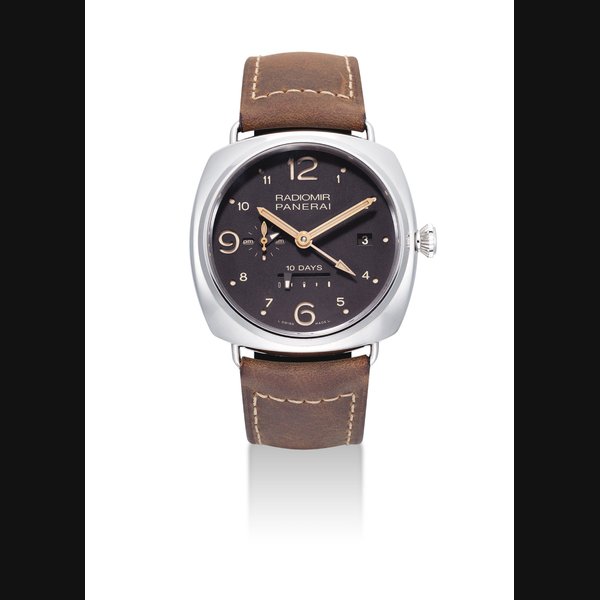 Panerai PANERAI. A FINE, LARGE AND RARE STAINLESS STEEL AUTOMATIC LIMITED EDITION CUSHION-SHAPED DUAL TIME WRISTWATCH WITH DATE, DAY AND NIGHT INDICATION AND 10 DAY POWER RESERVE SIGNED PANERAI, RADIOMIR GMT 10 DAYS MODEL, NO. 103/300, REF. PAM00391, CASE NO. BB 1'492'541, CIRCA 2012, Price & Market Data