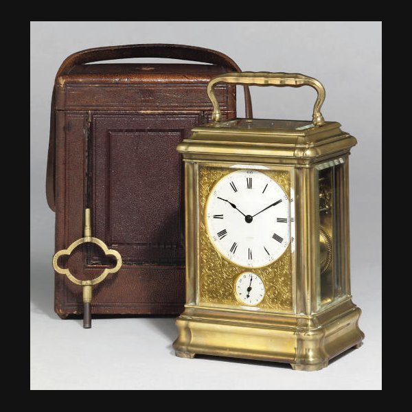  A French giant brass striking and repeating eight day carriage clock with alarm DROCOURT, NO.9106. CIRCA 1880