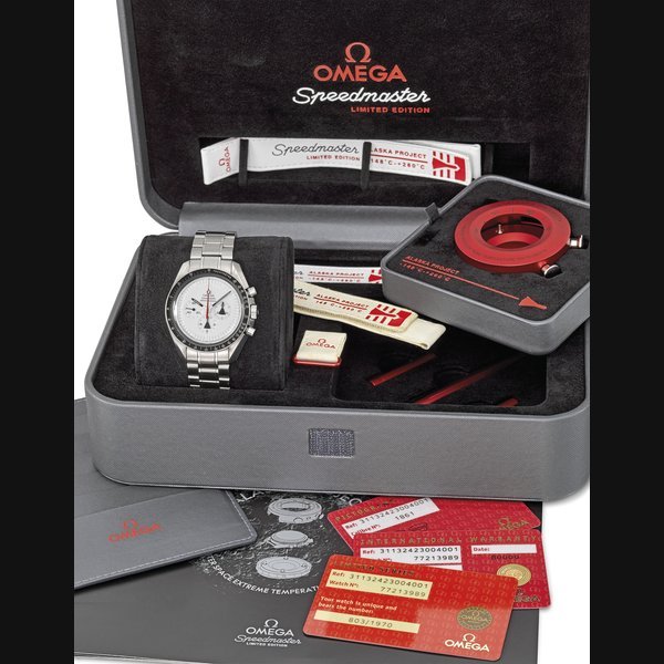 Omega OMEGA. A RARE STAINLESS STEEL LIMITED SERIES CHRONOGRAPH WRISTWATCH WITH ORIGINAL WARRANTY AND BOX SIGNED OMEGA, SPEEDMASTER PROFESSIONAL, ALASKA PROJECT, LIMITED SERIES 803/1970, REF. 311.32.42.30.04.001, CASE NO. 77’213’989, CIRCA 2008