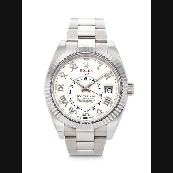ROLEX. AN ATTRACTIVE 18K WHITE GOLD AUTOMATIC ANNUAL CALENDAR DUAL TIME WRISTWATCH WITH SWEEP CENTRE SECONDS AND BRACELET SIGNED ROLEX, SKY-DWELLER MODEL, REF. 326939, CASE NO. S0356793, CIRCA 2015