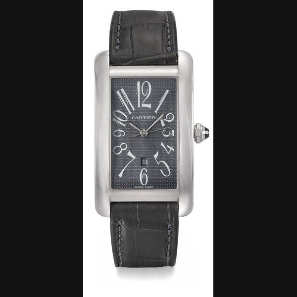 CARTIER. A VERY FINE 18K WHITE GOLD AUTOMATIC RECTANGULAR WRISTWATCH WITH SWEEP CENTRE SECONDS AND DATE Signed Cartier, Tank Américaine, Ref. 1741, Case No. 243610CD, Circa 2000