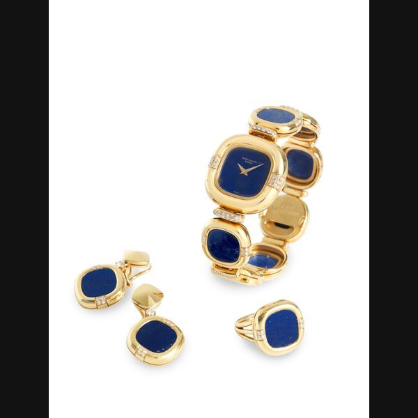 Patek Philippe Patek Philippe. A lady's fine and rare 18ct gold, lapis lazuli and diamond set manual wind bracelet watch with matching earrings and ring Ref:4831 3, Case No.2760368, Movement No.1274500, Circa 1970 · 4831
