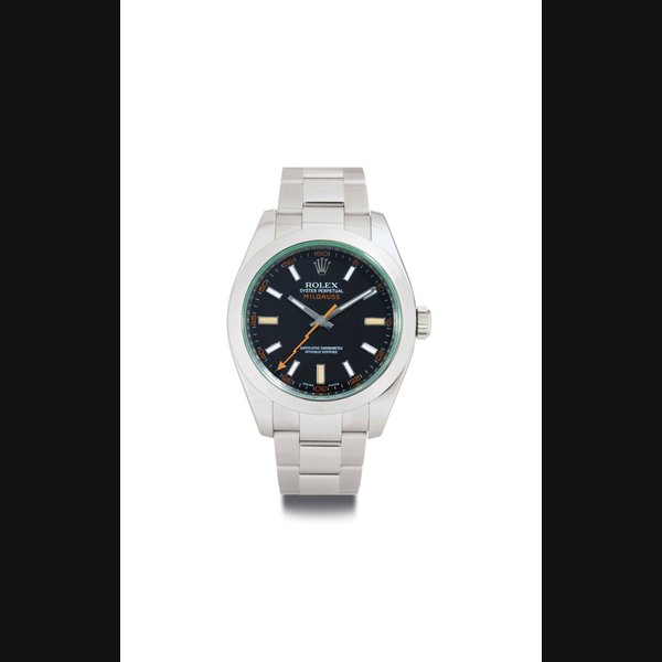 ROLEX. A STAINLESS STEEL AUTOMATIC WRISTWATCH WITH CENTER SECONDS, BRACELET AND GREEN SAPPHIRE CRYSTAL SIGNED ROLEX OYSTER PERPETUAL, MILGAUSS, CASE NO. M373687, REF. 116400, CIRCA 2007