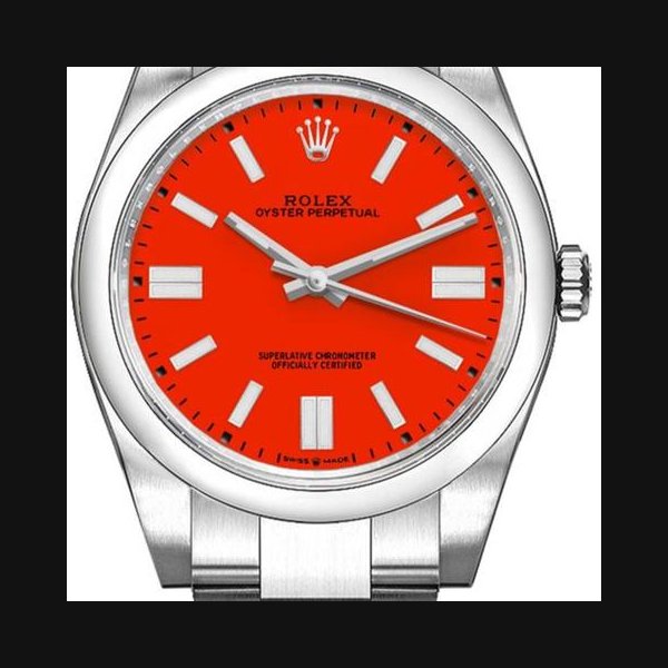 Rolex Oyster Perpetual41mm Coral Red Dial Stainless Steel Domed Bezel Men's Watch 124300-0007 Complete Full Set