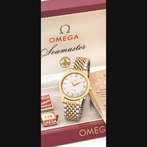 Omega. A Fine and Rare Stainless Steel and 14k Gold Automatic Wristwatch with Center Seconds, Bracelet, and Original Box and Certificate SIGNED OMEGA, AUTOMATIC, SEAMASTER, REF. GX6546, MOVEMENT NO. 16'718'584, CASE NO. D94303, MANUFACTURED IN 1960