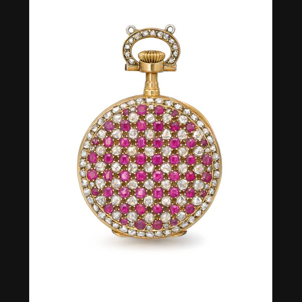 Patek Philippe. A lady’s very fine, highly attractive and possibly unique 18K gold, rose-cut diamond and ruby-set openface keyless lever pendant watch with red Breguet numerals Signed Patek Philippe & Cie., Genève, retailed by Galt & Bro., Washington D.C., movement no. 107’974, case no. 219’465, manufactured in 1897