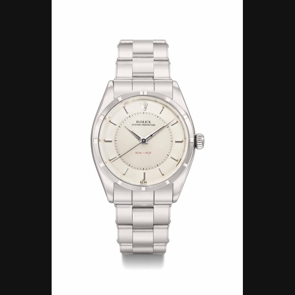Rolex. A fine stainless steel automatic wristwatch with sweep centre seconds, two-tone silvered dial and bracelet SIGNED ROLEX, OYSTER-PERPETUAL, 50M=165FT, REF. 6565, CASE NO. 468'429, CIRCA 1959