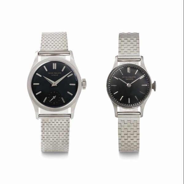 Patek Philippe. A Lot of Two Platinum Wristwatches BOTH SIGNED PATEK PHILIPPE, GENÈVE, THE FIRST REF. 96, MOVEMENT NO. 727'581, CASE NO. 309'687, MANUFACTURED IN 1956, THE SECOND REF. 1289, MOVEMENT NO. 856'449, CASE NO. 2'603'581, MANUFACTURED IN 1957