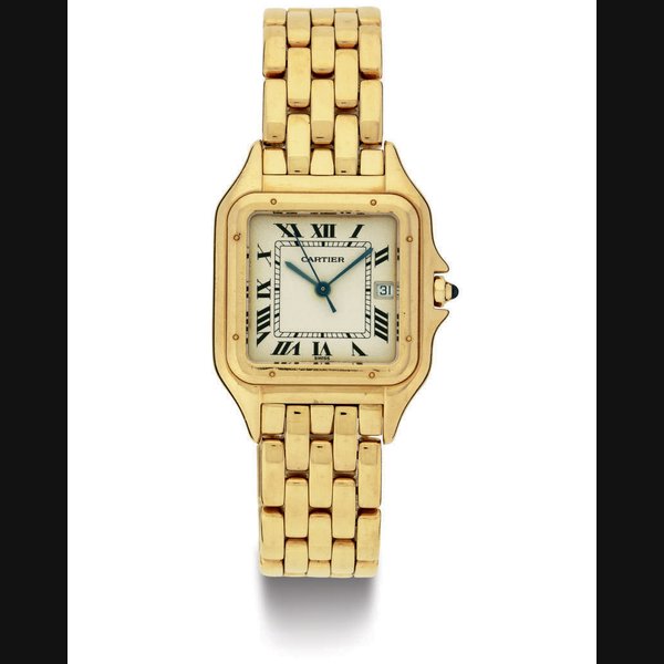 CARTIER. AN 18K GOLD WRISTWATCH WITH DATE AND BRACELET SIGNED CARTIER, PANTHERE MODEL, CASE NO. 883968443, CIRCA 1995