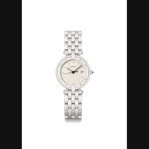 Cartier. A rare platinum wristwatch with sweep centre seconds, date and bracelet SIGNED CARTIER, QUARTZ, VENDÔME, CASE NOS. 483'964 AND 641'527, CIRCA 1990
