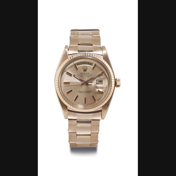 ROLEX. AN 18K PINK GOLD AUTOMATIC WRISTWATCH WITH DAY, DATE, CENTER SECONDS AND BRACELET SIGNED ROLEX, OYSTER PERPETUAL, DAY-DATE, CASE NO. 3310822, REF. 1803, CIRCA 1971