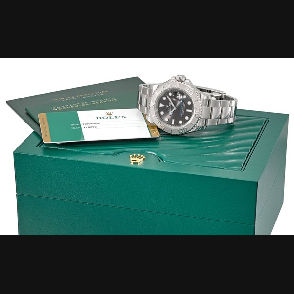 ROLEX. A STAINLESS STEEL AUTOMATIC WRISTWATCH WITH SWEEP CENTRE SECONDS, DATE, BRACELET, PLATINUM BEZEL INSERT, ORIGINAL GUARANTEE AND BOX SIGNED ROLEX, OYSTER PERPETUAL DATE, YACHT-MASTER, REF. 116622, CASE NO. 19J0N422, CIRCA 2016