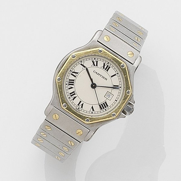 Cartier. A stainless steel and gold automatic calendar bracelet watch Santos Ronde, Case No.296610728, Circa 1990