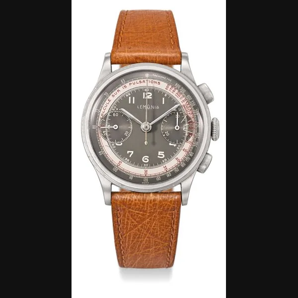 LEMANIA WATCH CO. A LARGE AND UNUSUAL STAINLESS STEEL CHRONOGRAPH WITH TWO-TONE DIAL AND PULSATION SCALE SIGNED LEMANIA, MOVEMENT NO. 10’271, CASE NO. 47’190, CIRCA 1945