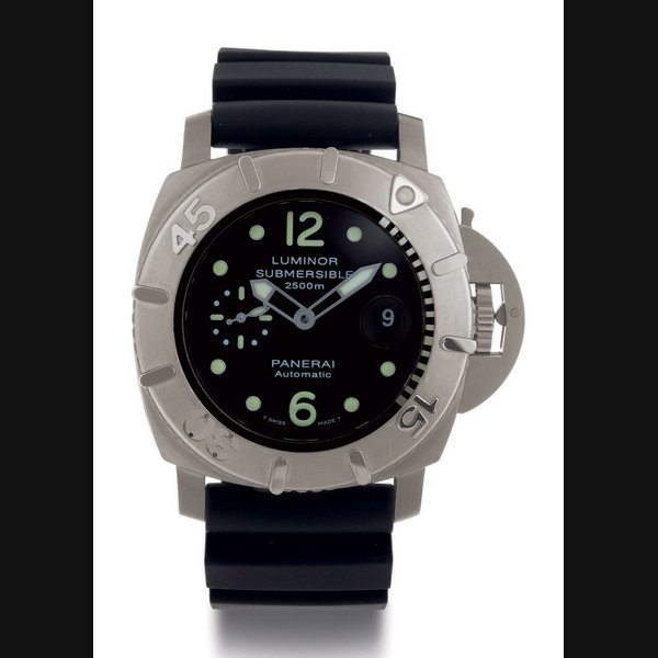 PANERAI. A LIMITED EDITION OVERSIZED TITANIUM CUSHION AUTOMATIC DIVER'S WRISTWATCH WITH DATE SIGNED OFFICINE PANERAI, FIRENZE 1860, LUMINOR SUBMERSIBLE 2500, NO. K220/250, NO. BB1147030, CASE NO. OP 6784, CIRCA 2008