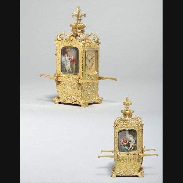A French cast brass Sedan chair striking carriage clock NO.594. CIRCA 1890