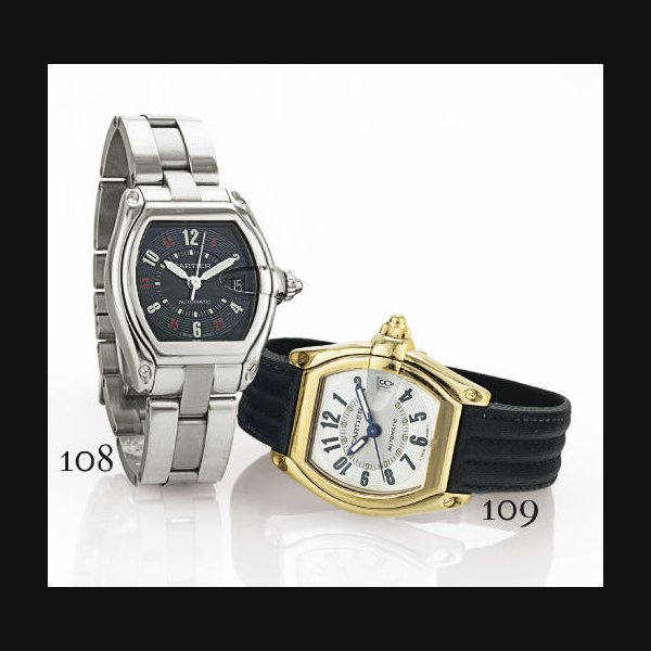 CARTIER. A LARGE STAINLESS STEEL TONNEAU AUTOMATIC WRISTWATCH WITH CENTER SECONDS, DATE AND BRACELET SIGNED CARTIER, "ROADSTER", CASE NO. 700110CD, REF. 2510, CIRCA 2002