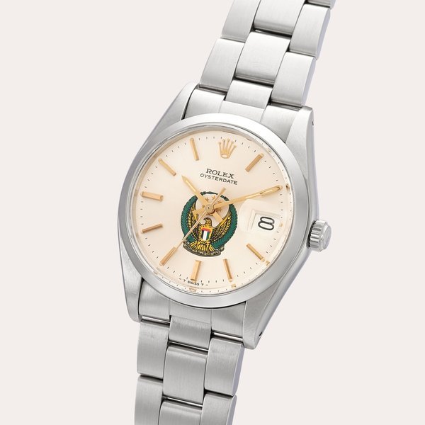 Rolex Oyster Date, Reference 6694 | A stainless steel wristwatch with UAE Coat of Arms dial, date and bracelet | Circa 1978 · 6694