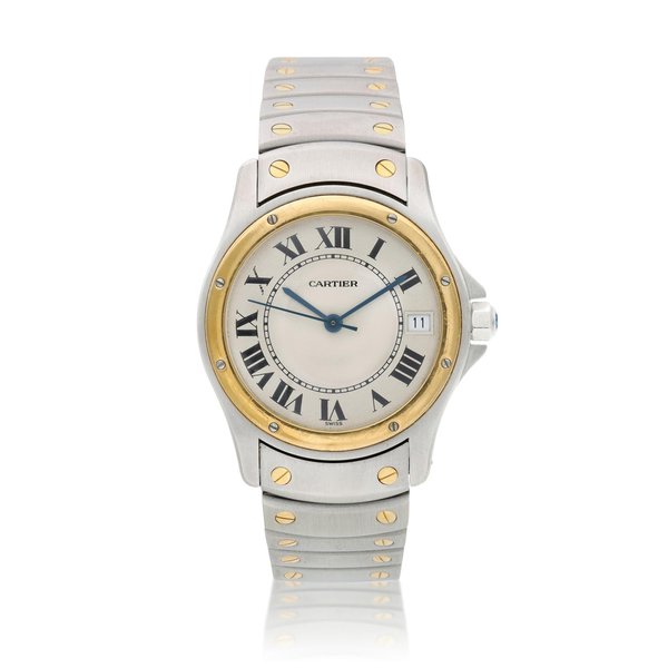 Cartier Reference 1910 Santos Ronde, A stainless steel and yellow gold automatic wristwatch with date and bracelet, Circa 2000
