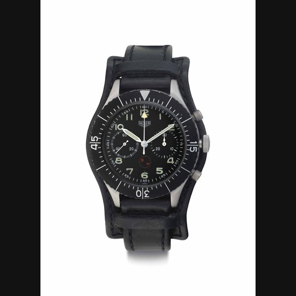 Heuer. A Fine Stainless Steel Military Flyback Chronograph Wristwatch Signed Heuer, Bundeswehr, Ref. 1550 SG, Case No. 6645-12-146-3774, Circa 1975