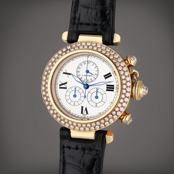 Cartier Reference 1353 1 Pasha | A yellow gold and diamond-set chronograph wristwatch with date, Circa 1995