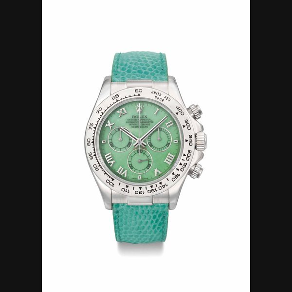Rolex Rolex. An extremely rare, unusual and attractive 18K white gold and chrysophrase automatic chronograph wristwatch SIGNED ROLEX, OYSTER PERPETUAL, SUPERLATIVE CHRONOMETER OFFICIALLY CERTIFIED, COSMOGRAPH, DAYTONA, REF. 116519, CASE NO. K306551, MANUFACTURED IN 2001