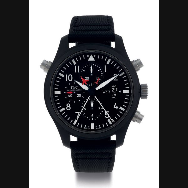 IWC. A LIMITED EDITION CERAMIC AND TITANIUM AUTOMATIC SPLIT SECONDS CHRONOGRAPH WRISTWATCH WITH DAY AND DATE SIGNED IWC, PILOT'S WATCH, TOP GUN, DOPPELCHRONOGRAPH MODEL, CASE NO. 3297273, REF. 3799, CIRCA 2007