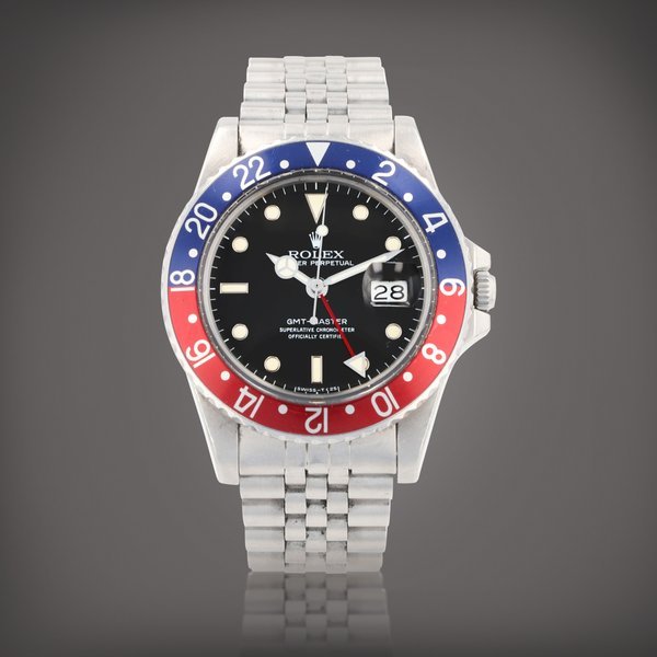 Rolex 'Pepsi' Spider dial, GMT-Master, reference 16750 Montre bracelet en acier avec deux fuseaux horaires et date | Stainless steel dual time zone wristwatch with date and bracelet Vers 1984 | Circa 1984 · 16750