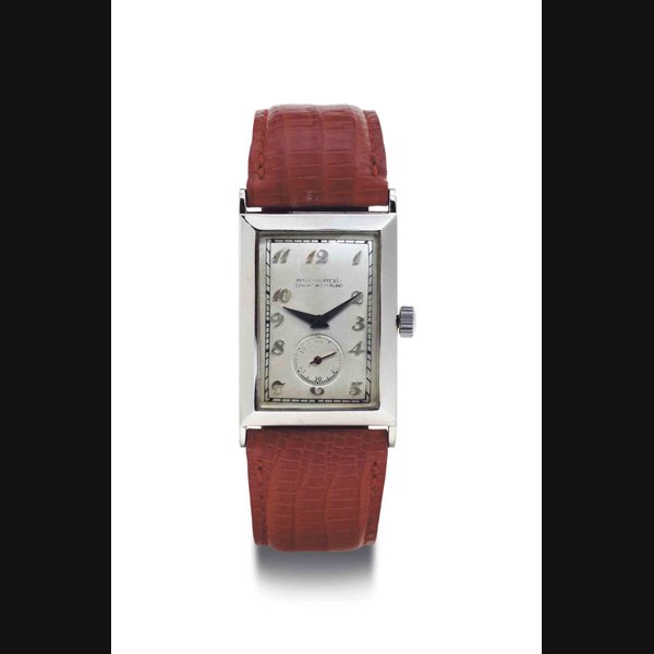 Patek Philippe. An 18k White Gold Curved Rectangular Wristwatch With Breguet Numerals SIGNED PATEK PHILIPPE & CO., GENEVE, MOVEMENT NO. 823'203, CASE. NO. 608'697, MANUFACTURED IN 1929