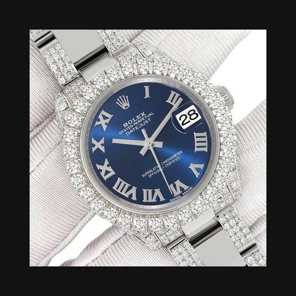Rolex Rolex Datejust31mm Custom Pave 7.2ct Diamond Blue Roman Watch 178240 Box/Apr