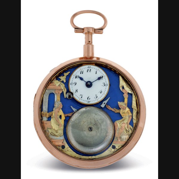 FRENCH. AN 18K PINK GOLD AND ENAMEL AUTOMATON QUARTER REPEATING VERGE WATCH UNSIGNED, CIRCA 1780