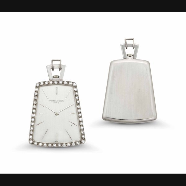 Vacheron Constantin Vacheron Constantin. An 18k White Gold and Diamond-set Rectangular-shaped Openface Keyless Lever Dress Watch SIGNED VACHERON CONSTANTIN, GENÈVE, REF. 7695, MOVEMENT NO. 606'824, CASE NO. 436'214, MANUFACTURED IN 1968