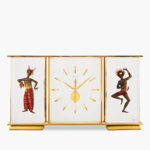 Jaeger-LeCoultre "Marina" | A gilt brass desk clock with motif of two Indonesian dancers, Circa 1960