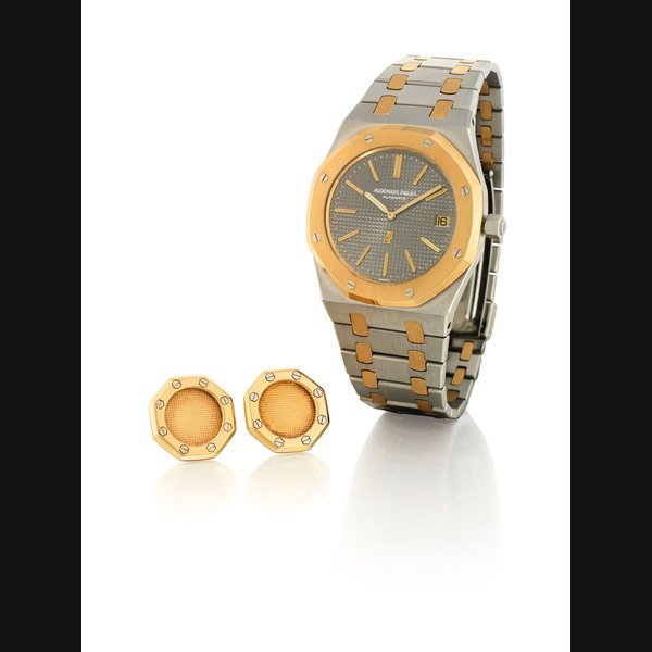 Audemars Piguet AUDEMARS PIGUET. A FINE AND RARE 18K GOLD AND STAINLESS STEEL AUTOMATIC BRACELET WATCH WITH DATE AND A PAIR OF 18K GOLD AND STAINLESS STEEL CUFF LINKS SIGNED AUDEMARS PIGUET, AUTOMATIC, ROYAL OAK "A" SERIES MODEL, REF. 5402.344, NO. 286, CIRCA 1975