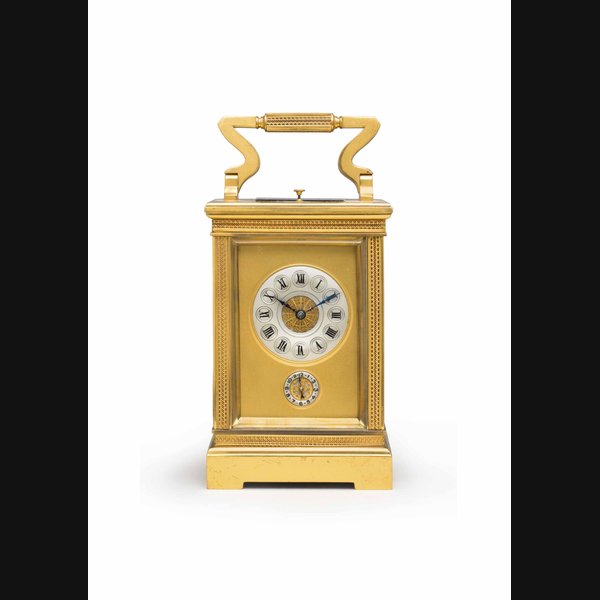 French. A Fine Gilt-Brass and Glass Repeating Grand Sonnerie Carriage Clock with Alarm UNSIGNED, RETAILED BY ASPREY & COMPANY, LATE 19TH CENTURY
