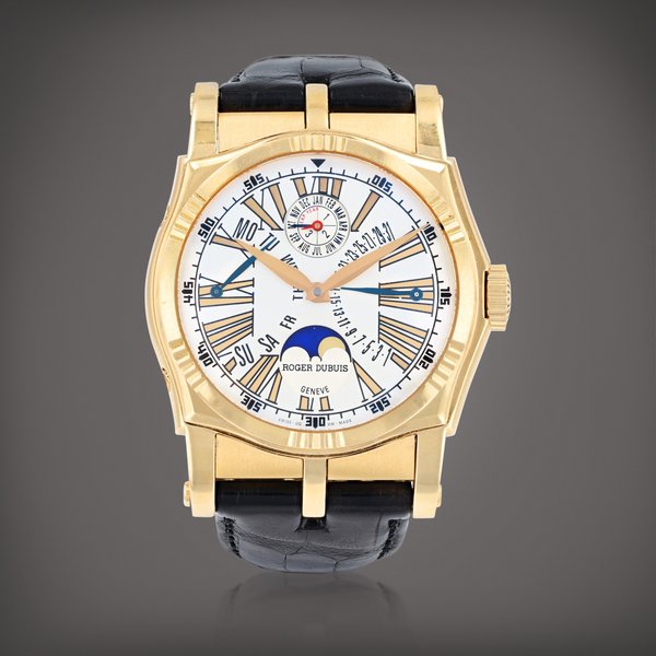Roger Dubuis Sympathie, reference SY43 1472 5 Montre bracelet en or rose avec quantième perpétuel, jour et date rétrograde, année bissextile et phases de lune | Pink gold perpetual calendar wristwatch with retrograde day and date, moon phases and leap year indication Vers 2005 | Circa 2005