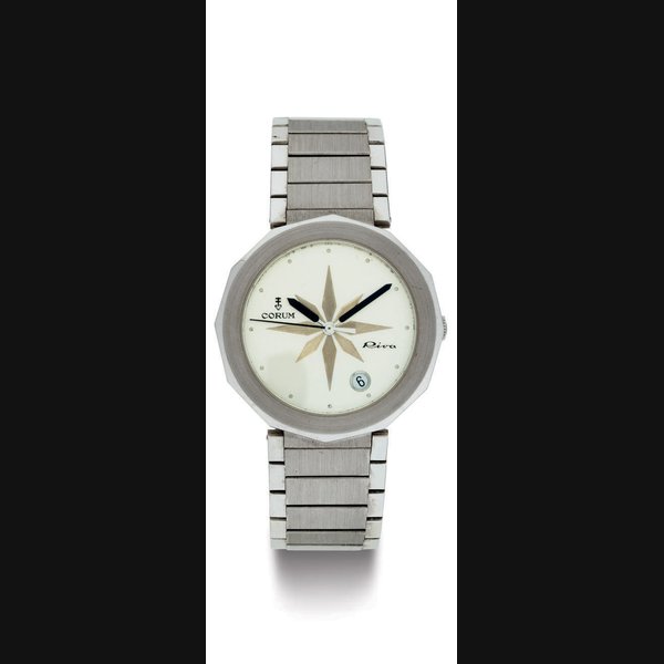 CORUM. A POLYGONAL PALLADIUM BRACELET WATCH WITH DATE AND CENTER SECONDS SIGNED CORUM, RIVA, NO. 40, CASE NOS. 36800H25 AND 357063, CIRCA 1990