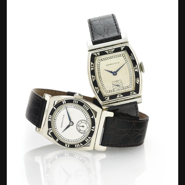 HAMILTON. A GROUP OF TWO RARE 14K WHITE GOLD AND ENAMEL WRISTWATCHES SIGNED HAMILTON, CIRCA 1935