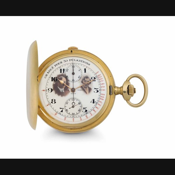 Vacheron Constantin Vacheron Constantin. A Rare and Unusual 18k Gold Hunter Case Chronograph Keyless Lever Pocket Watch with Pulsation Scale and Personalized Enamel Dial SIGNED VACHERON CONSTANTIN, GENÈVE, MOVEMENT NO. 370'226, CASE NO. 228'442, MANUFACTURED IN 1918
