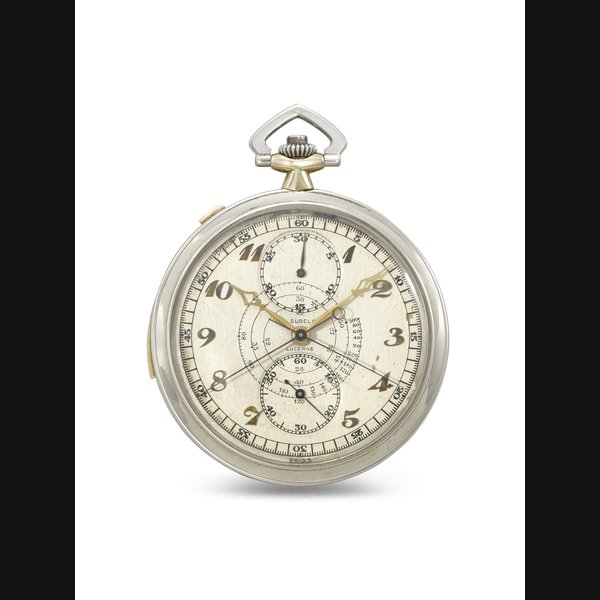 MATHEY-TISSOT . A RARE AND HIGHLY ATTRACTIVE TWO-TONE 18K YELLOW AND WHITE GOLD MINUTE REPEATING SPLIT SECONDS CHRONOGRAPH KEYLESS LEVER WATCH WITH 30-MINUTE REGISTER, CENTRAL SPIRAL TACHYMETER SCALE AND BREGUET NUMERALS SIGNED E. GUBELIN, LUCERNE, NO. 63’079, THE MOVEMENT SIGNED E. MATHEY-TISSOT, LES PONTS-DE-MARTEL