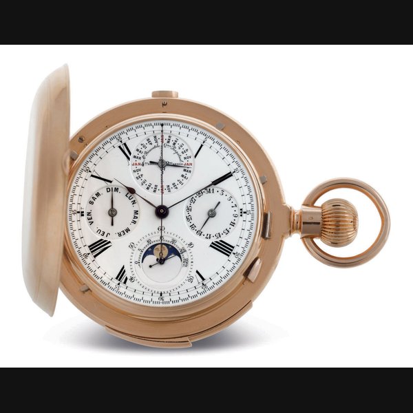SWISS. A FINE AND LARGE 18K GOLD HUNTER CASE MINUTE REPEATING PERPETUAL CALENDAR CHRONOGRAPH KEYLESS LEVER POCKETWATCH WITH MOON PHASES UNSIGNED, CASE STAMPED WITH CASEMAKER'S MARK FAP POSSIBLY FOR FABRIQUE AMI PERRELET, NO. 18539, CIRCA 1890