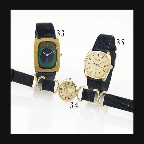 CORUM. A RARE LARGE 18K GOLD CUSHION WRISTWATCH WITH PEACOCK FEATHER DIAL SIGNED CORUM, "FEATHERED FRIEND", CASE NOS. 128689 & 5725, CIRCA 1975