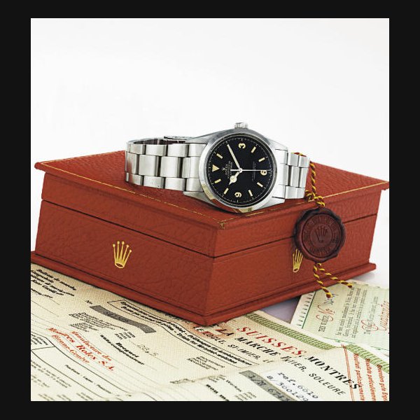 ROLEX. A FINE AND RARE STAINLESS STEEL AUTOMATIC WRISTWATCH WITH CENTER SECONDS, DATE, BRACELET, ORIGINAL BOX AND PAPERS SIGNED ROLEX, OYSTER PERPETUAL, "EXPLORER", CASE NO. 360129, REF. 6610, CIRCA 1957