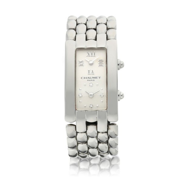 Chaumet A stainless steel and diamond-set dual time zone bracelet watch, Circa 2000 | 精鋼鑲鑽石兩地時間鏈帶腕錶，約2000年製