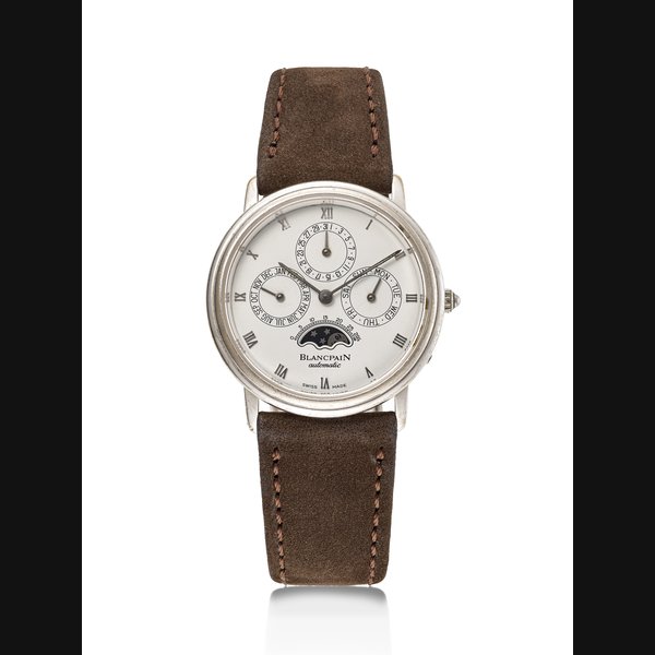 BLANCPAIN, WHITE GOLD PERPETUAL CALENDAR WRISTWATCH, WITH MOON PHASES, REF. 3595 CASE NO: 3